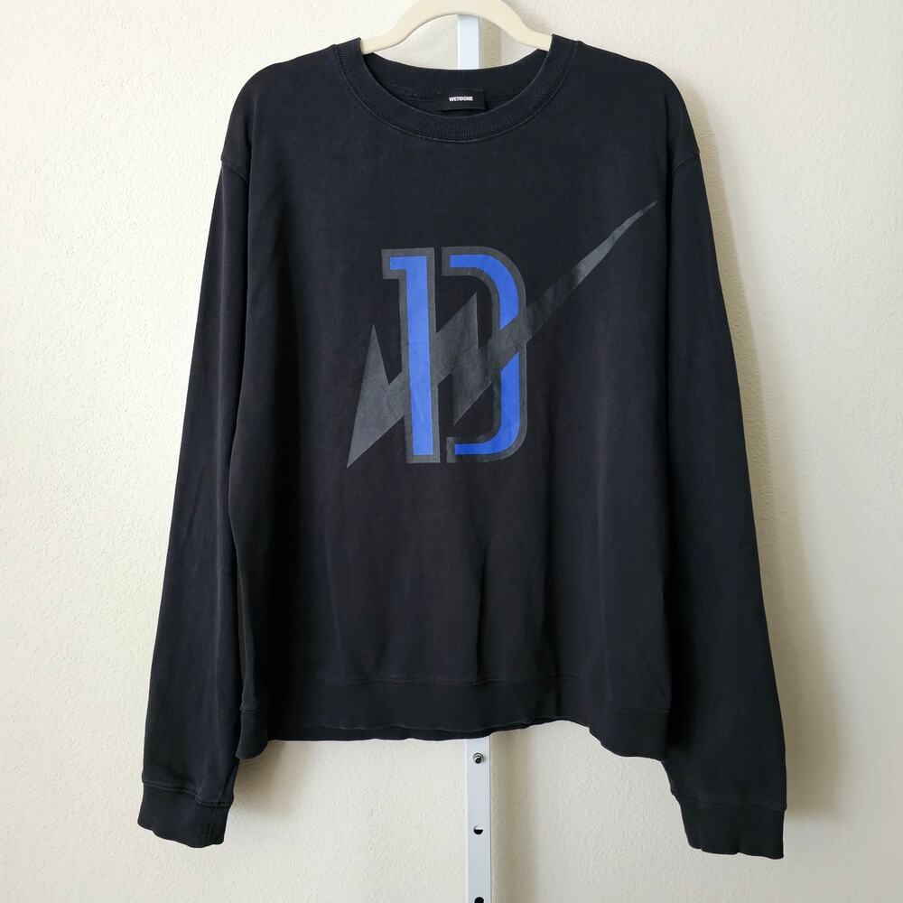WE11DONE Men's Black Blue Thunder D Logo Ribbed Long Sleeve Sweatshirt Sz M
